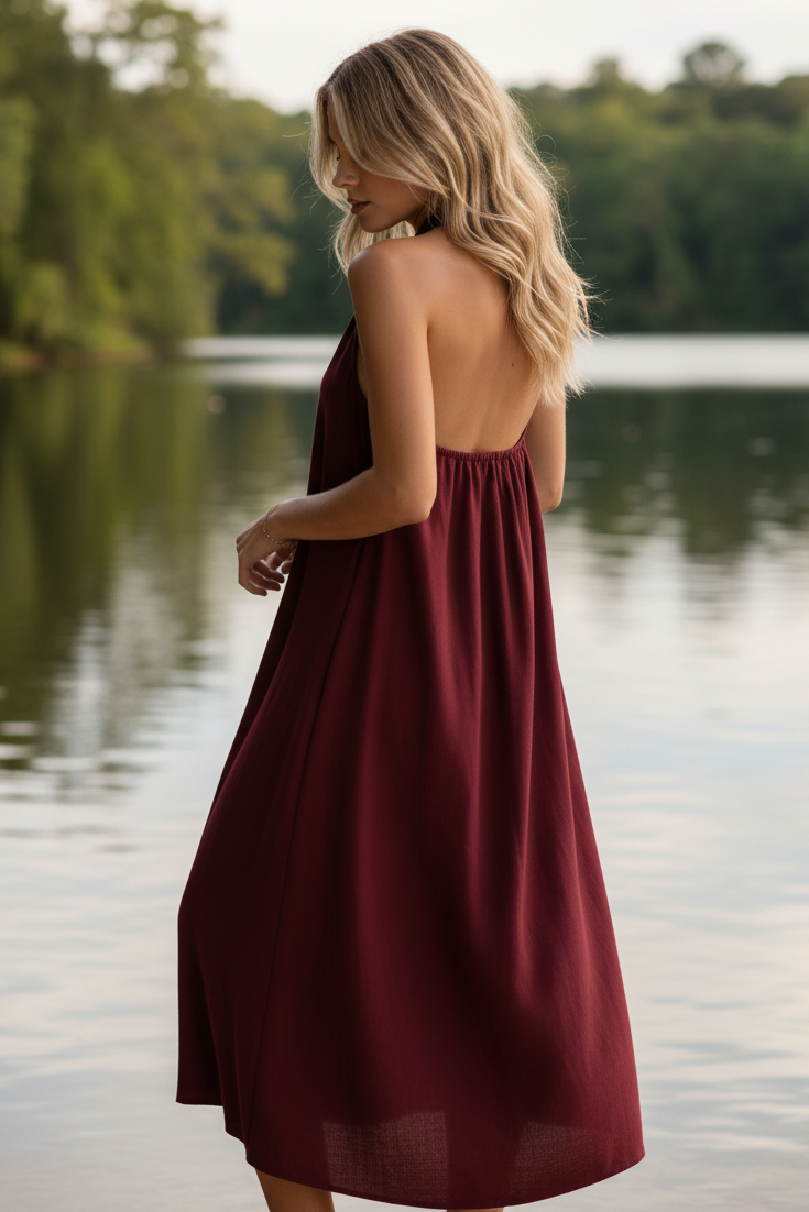 Oversized Baggy Patch Pocket Halter Neck Plunging V-Neck Backless Boho Midi Dress