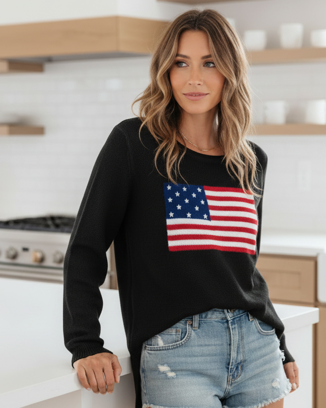American Flag Lightweight Knit Patriotic Round Neck Top Pullover USA Sweater