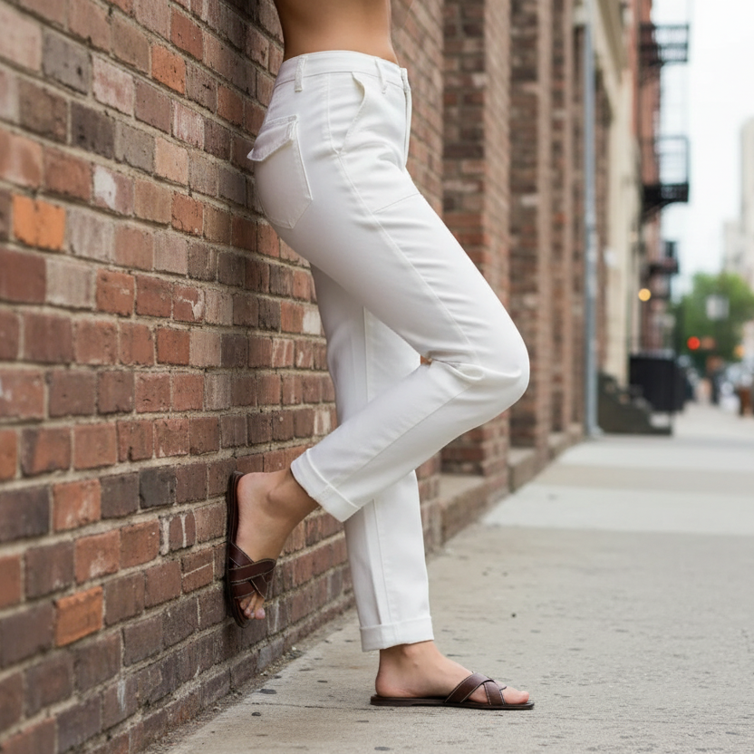 Judy Blue High-Rise Straight Leg Cuffed Ankle Jeans Patch Pocket Denim Pants White