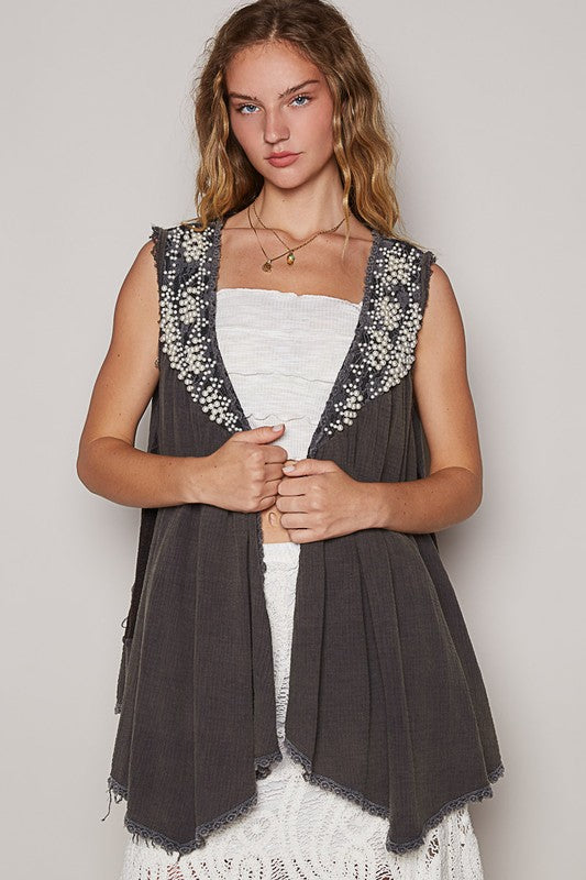 POL Lace Pearl Embroidered Patchwork Boho Vest Gauze Raw Hem Sleeveless Cardigan Charcoal Gray