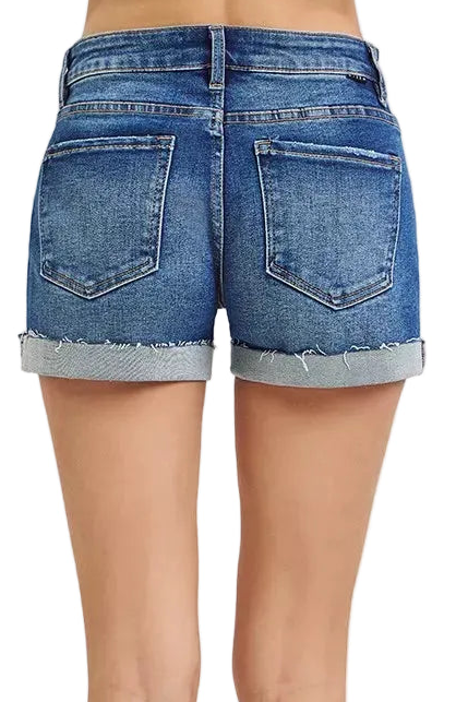 Risen Low-Rise Waist Relaxed Fit Cuffed Raw Hem Classic Denim Jean Shorts