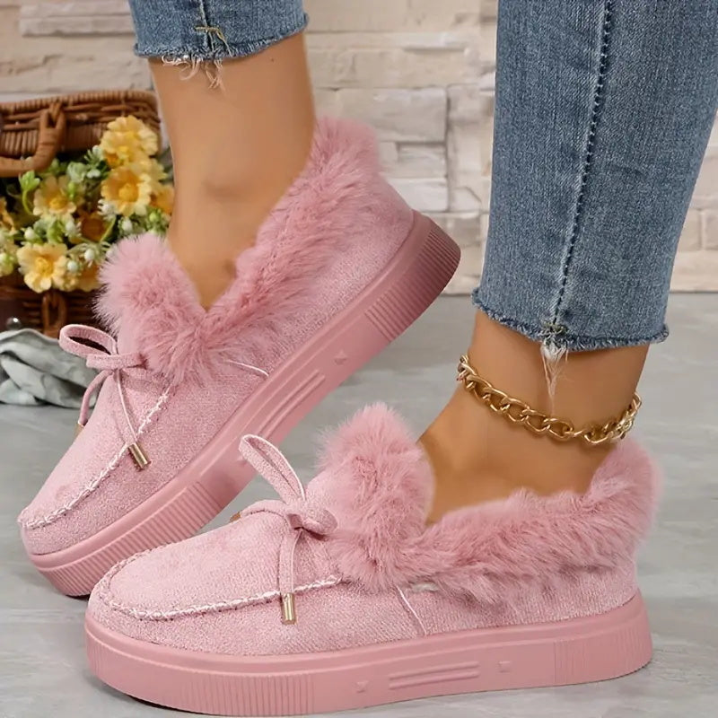 Bow Top Plush Faux Fur Loafers Slip-On Moccasin Soft Flat Outdoor House Shoes