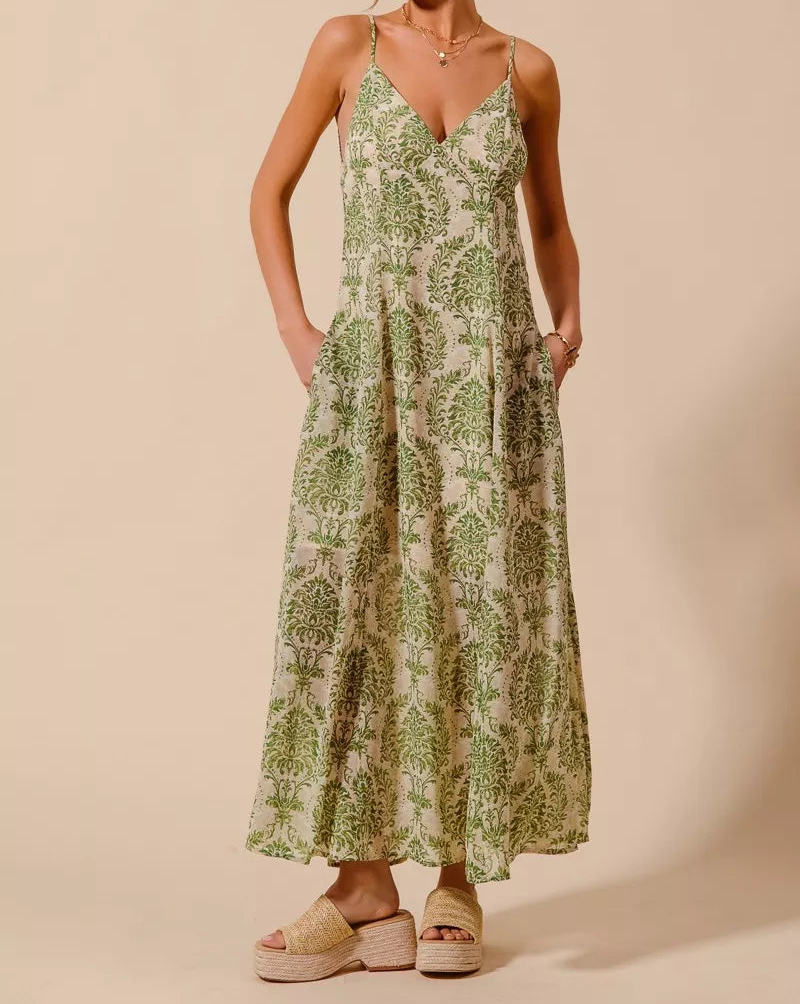SO ME Damask Floral Boho Open Back Spaghetti Tassel Strap V-Neck Maxi Dress Sage Green