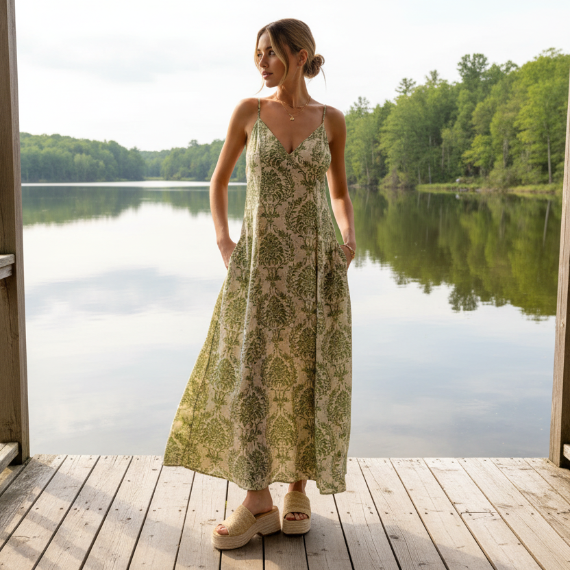 SO ME Damask Floral Boho Open Back Spaghetti Tassel Strap V-Neck Maxi Dress Sage Green