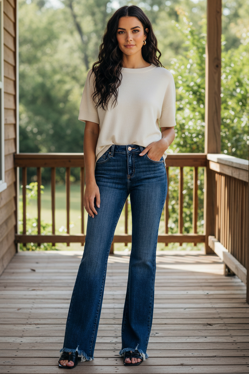 Risen Mid-Rise Waist Retro Slim Fit Jeans Flare Leg Distressed Frayed Raw Hem Denim Pants Plus Size Available