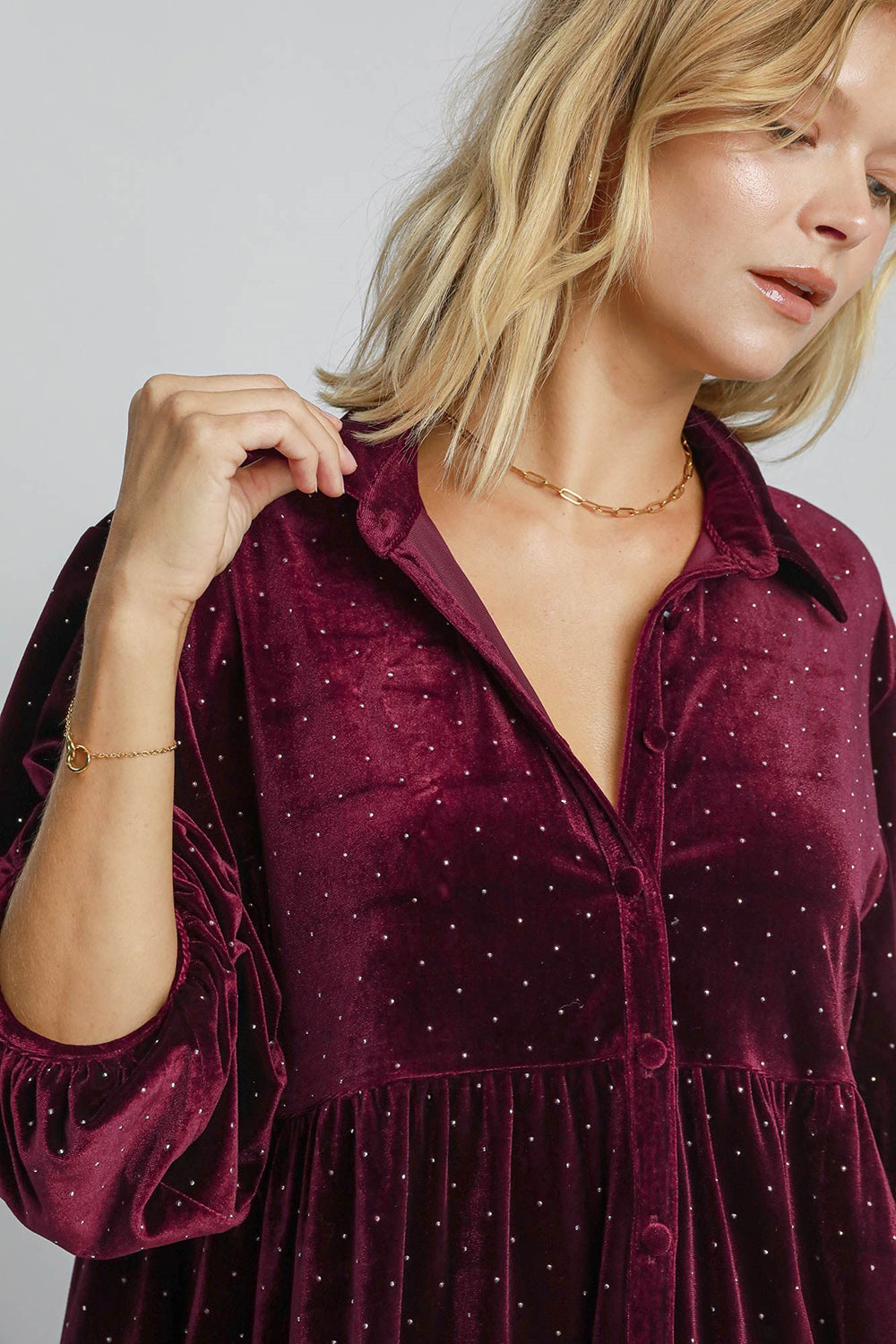 Umgee Velour Polka-dot Boho Oversized Top Peplum Babydoll Shirt Velour Blouse