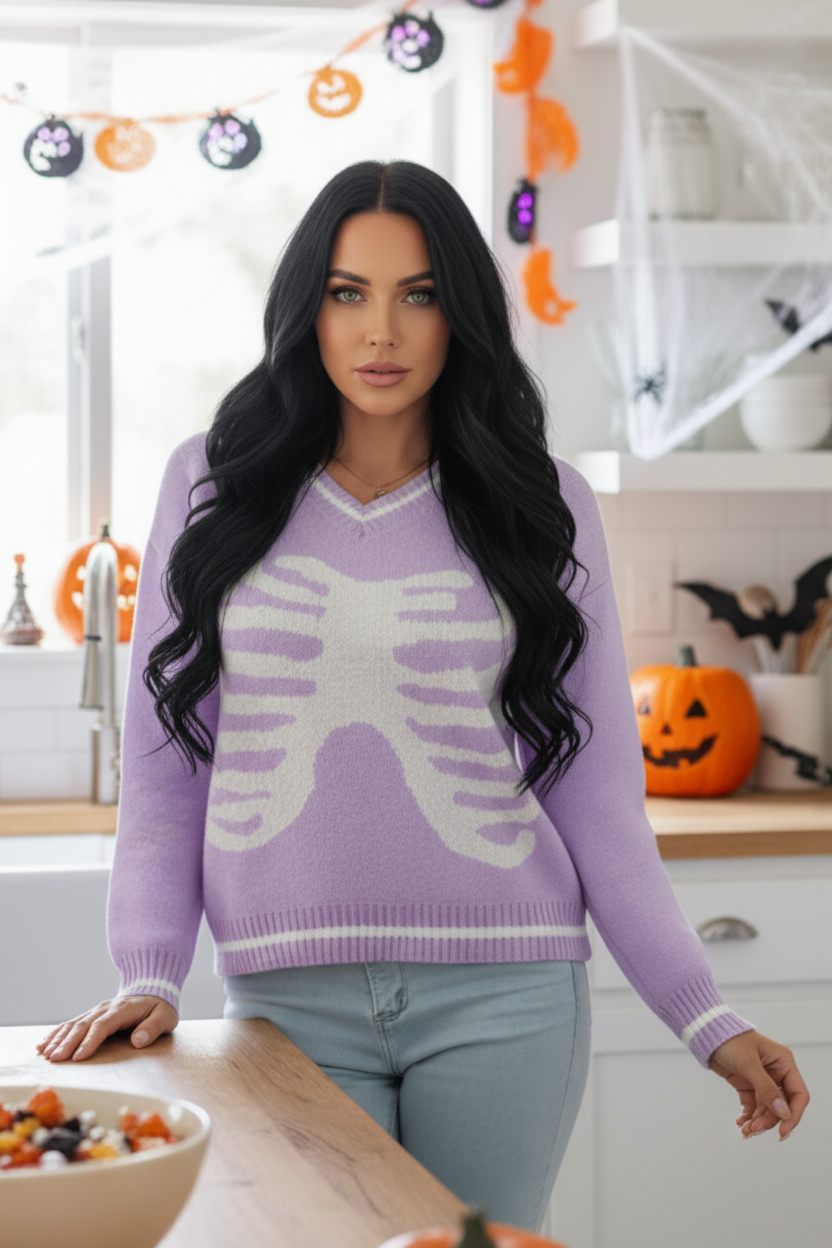 Skeleton Rib Cage V-Neck Top Long Sleeve Knit Pullover Sweater Halloween Grunge