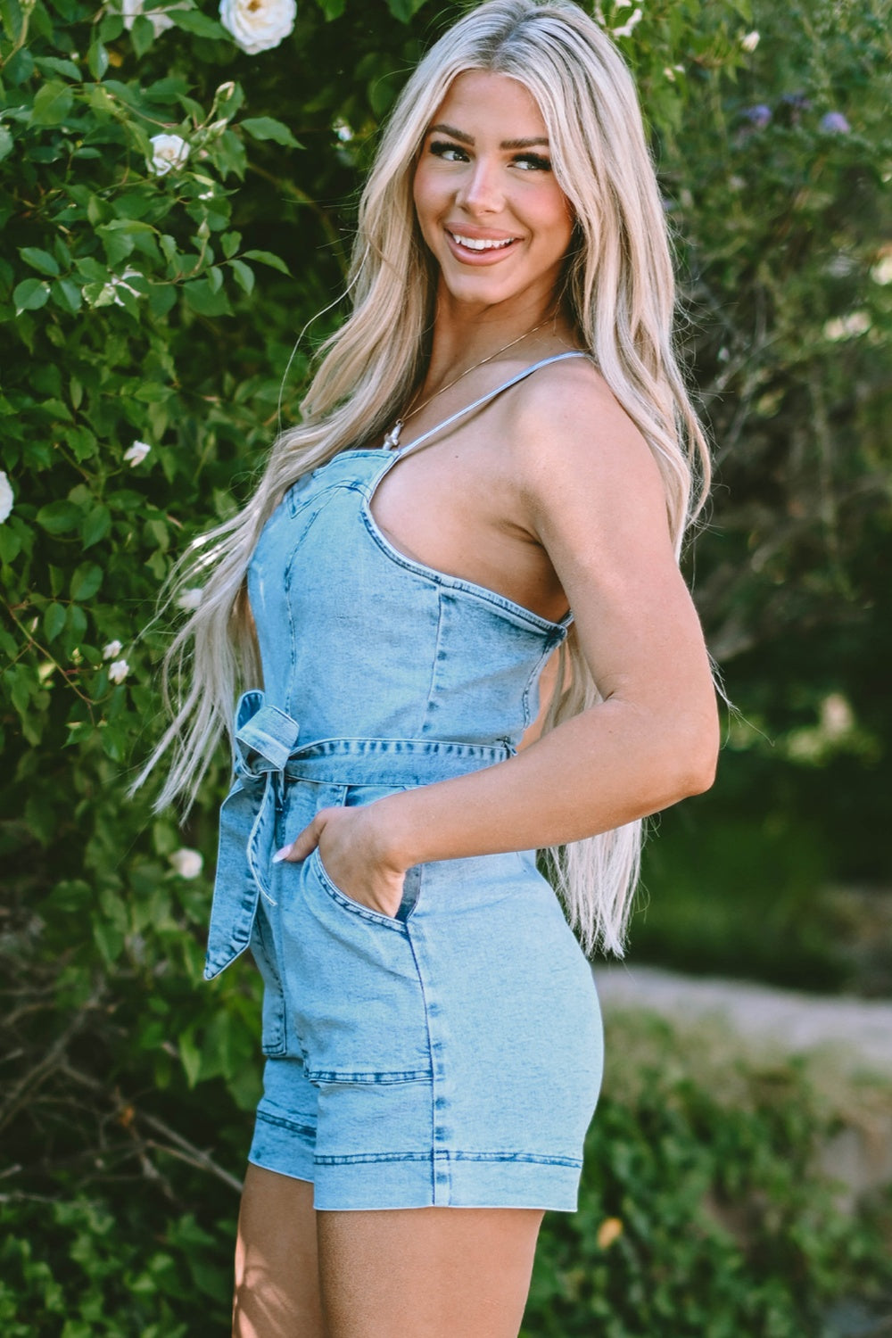 Denim Shorts Romper Sweetheart Sleeveless Spaghetti Strap Belt Jean Pocket Jumpsuit