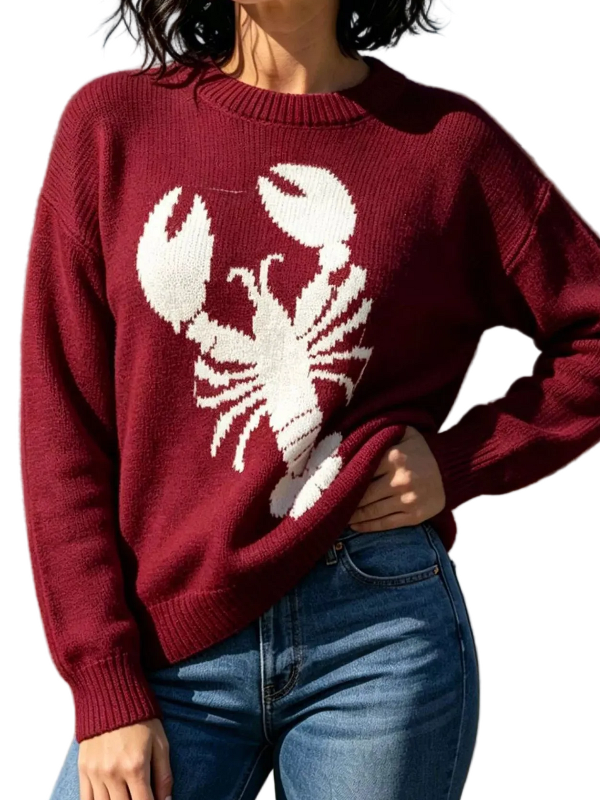 Lobster Graphic Knit Sweater Crew Neck Nautical Long Sleeve Coastal Pullover Top