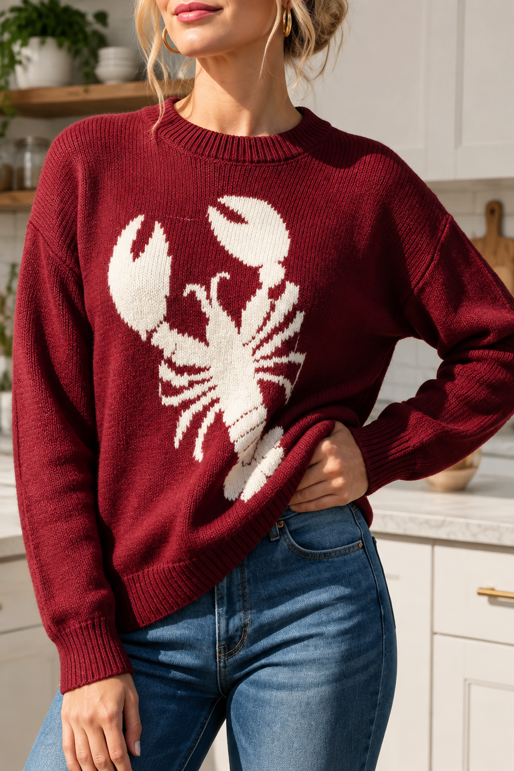 Lobster Graphic Knit Sweater Crew Neck Nautical Long Sleeve Coastal Pullover Top