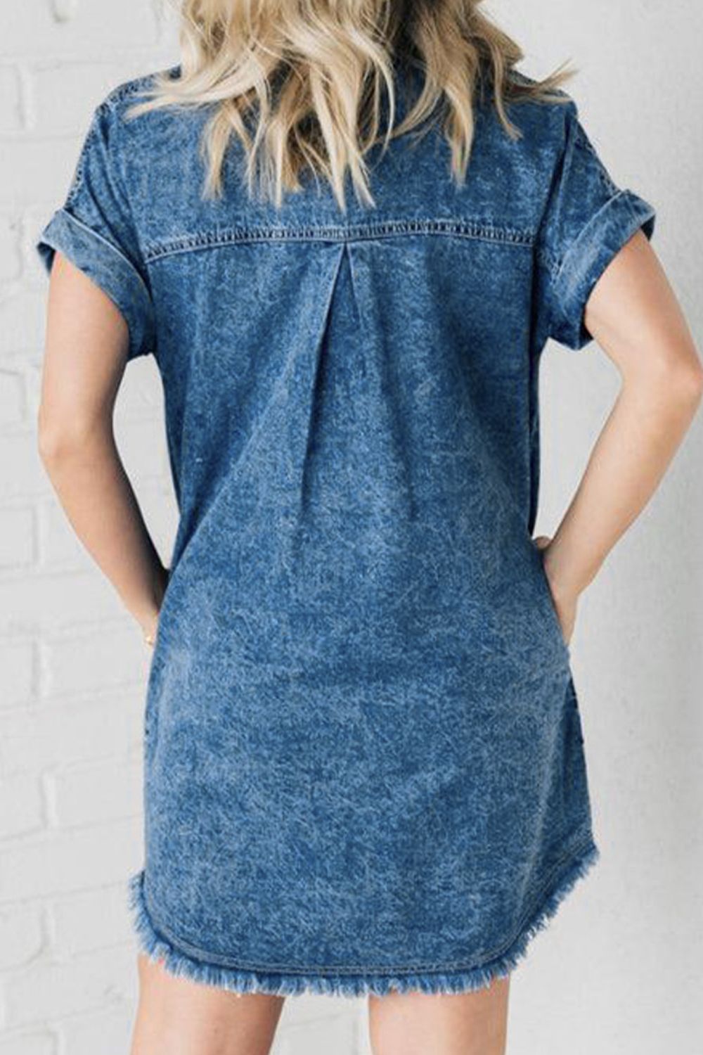 Distressed Denim Short Sleeve Button Front Pocket Blue Jean Cotton Mini Shirt Dress