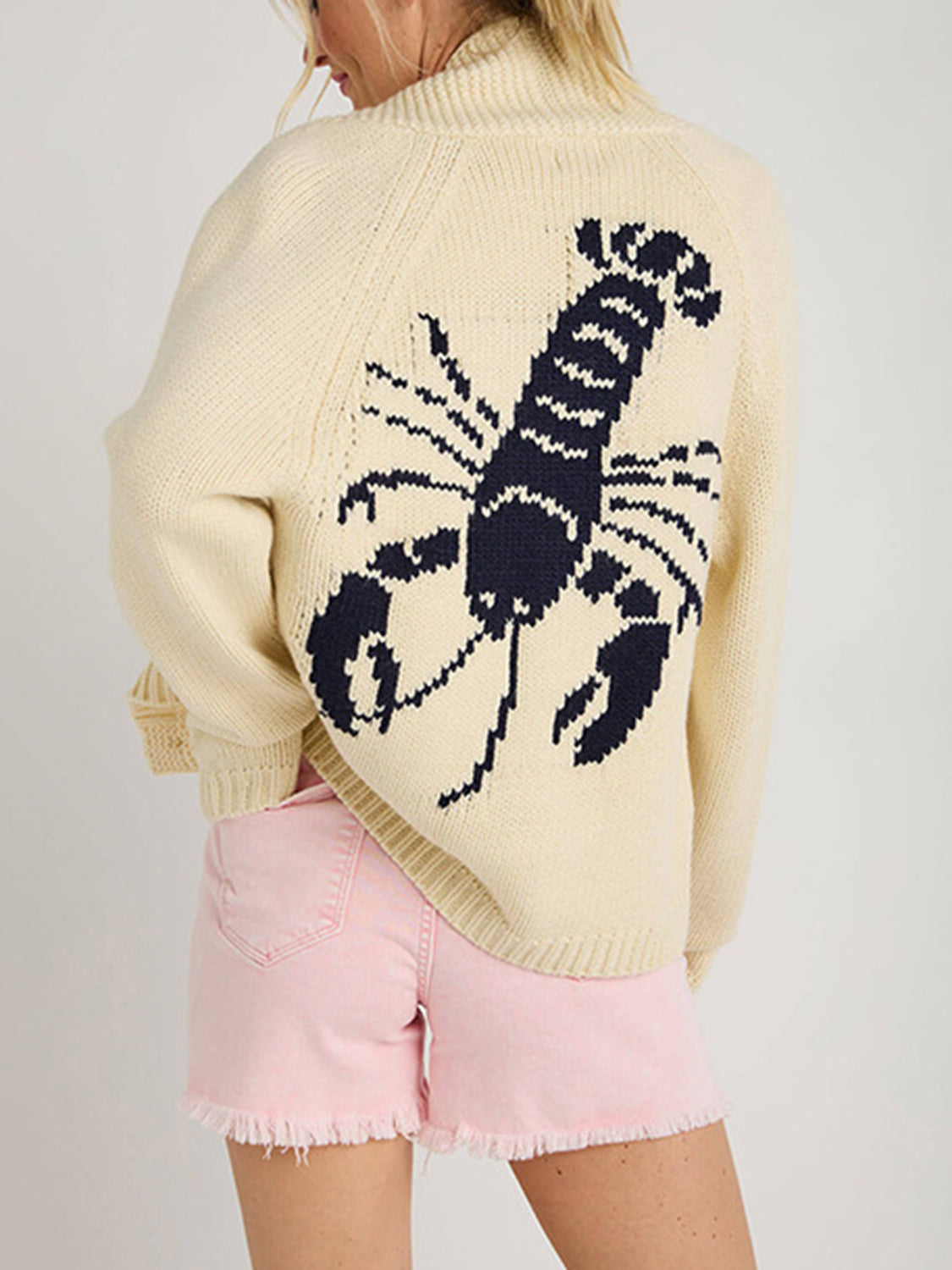 Contrasting Lobster Coastal Print Knit Cardigan Button Long Sleeve Patch Pocket