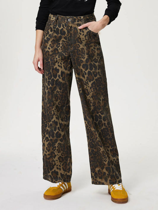 Leopard Denim High-Rise Retro 90s Pants Relaxed Boyfriend Fit Wide Leg Jeans