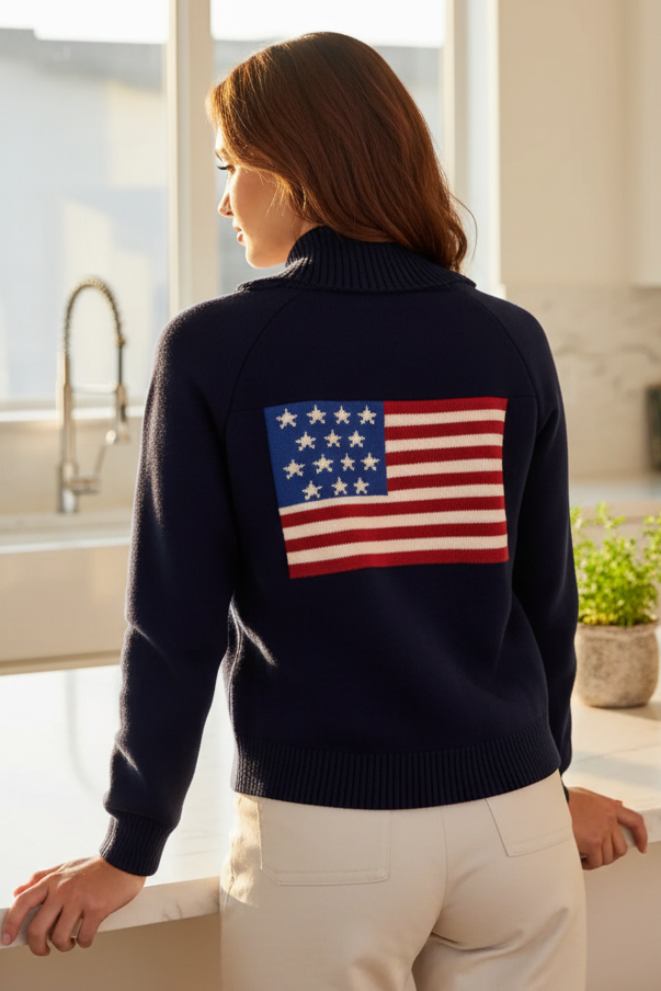 American USA Flag V-Neck Button Front Patch Pocket Long Sleeve Boxy Knit Cardigan