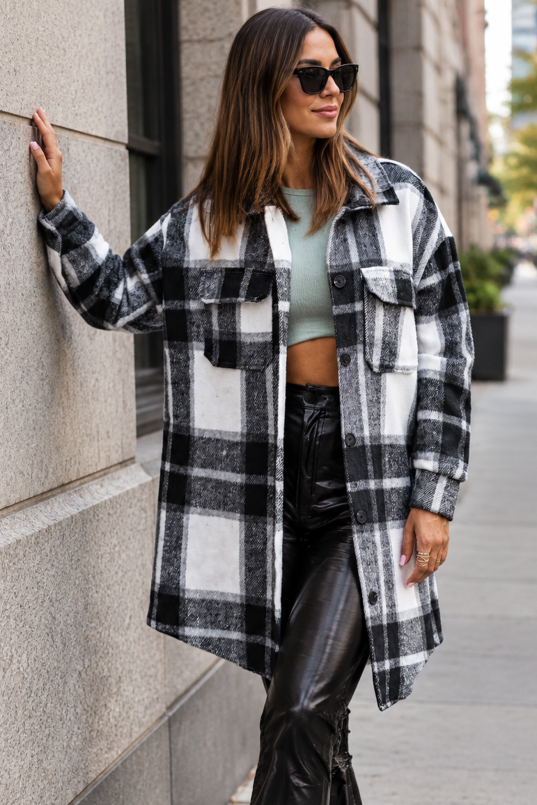 Oversized Button Down Collared Neck Long Sleeve Boyfriend Plaid Flannel Shacket
