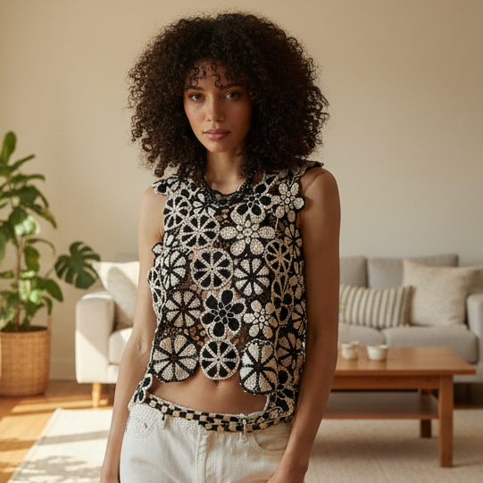 POL Contrasting Floral Crochet Patchwork Sleeveless Crop Top Retro Knit Openwork Black
