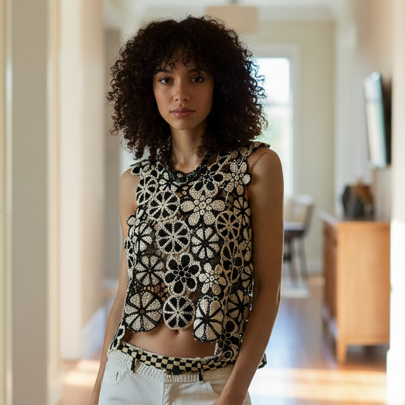 POL Contrasting Floral Crochet Patchwork Sleeveless Crop Top Retro Knit Openwork Black