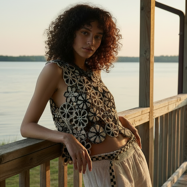 POL Contrasting Floral Crochet Patchwork Sleeveless Crop Top Retro Knit Openwork Black