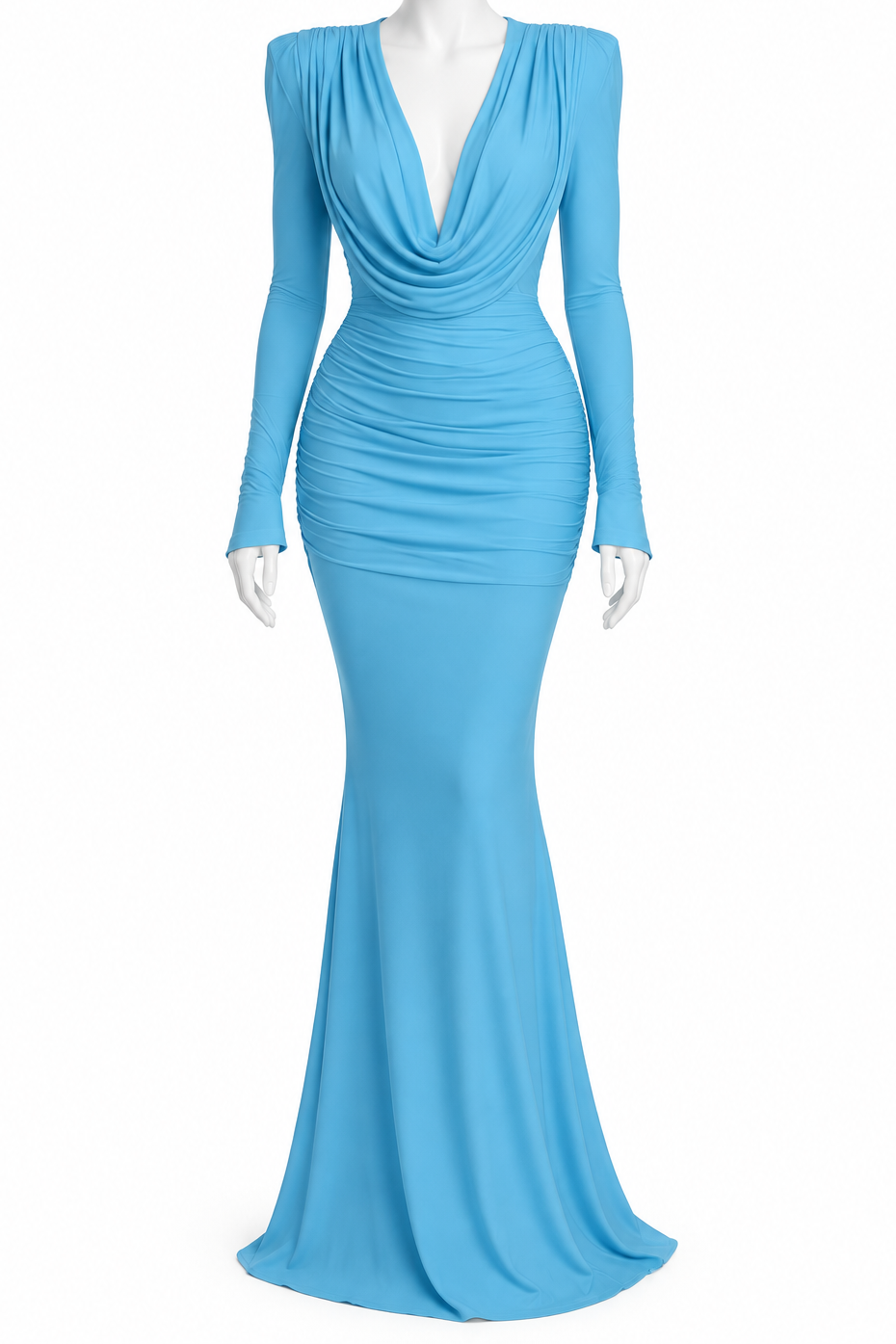 Ruched Cowl Neck Long Sleeve Bodycon Maxi Dress Draped Open Back Formal Gown