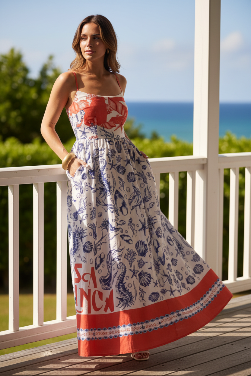 Riviera Island Scoop Neck Spaghetti Strap Smocked Back A-line Boho Cami Maxi Dress