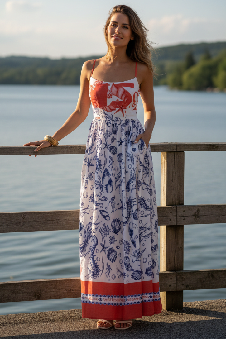 Riviera Island Scoop Neck Spaghetti Strap Smocked Back A-line Boho Cami Maxi Dress