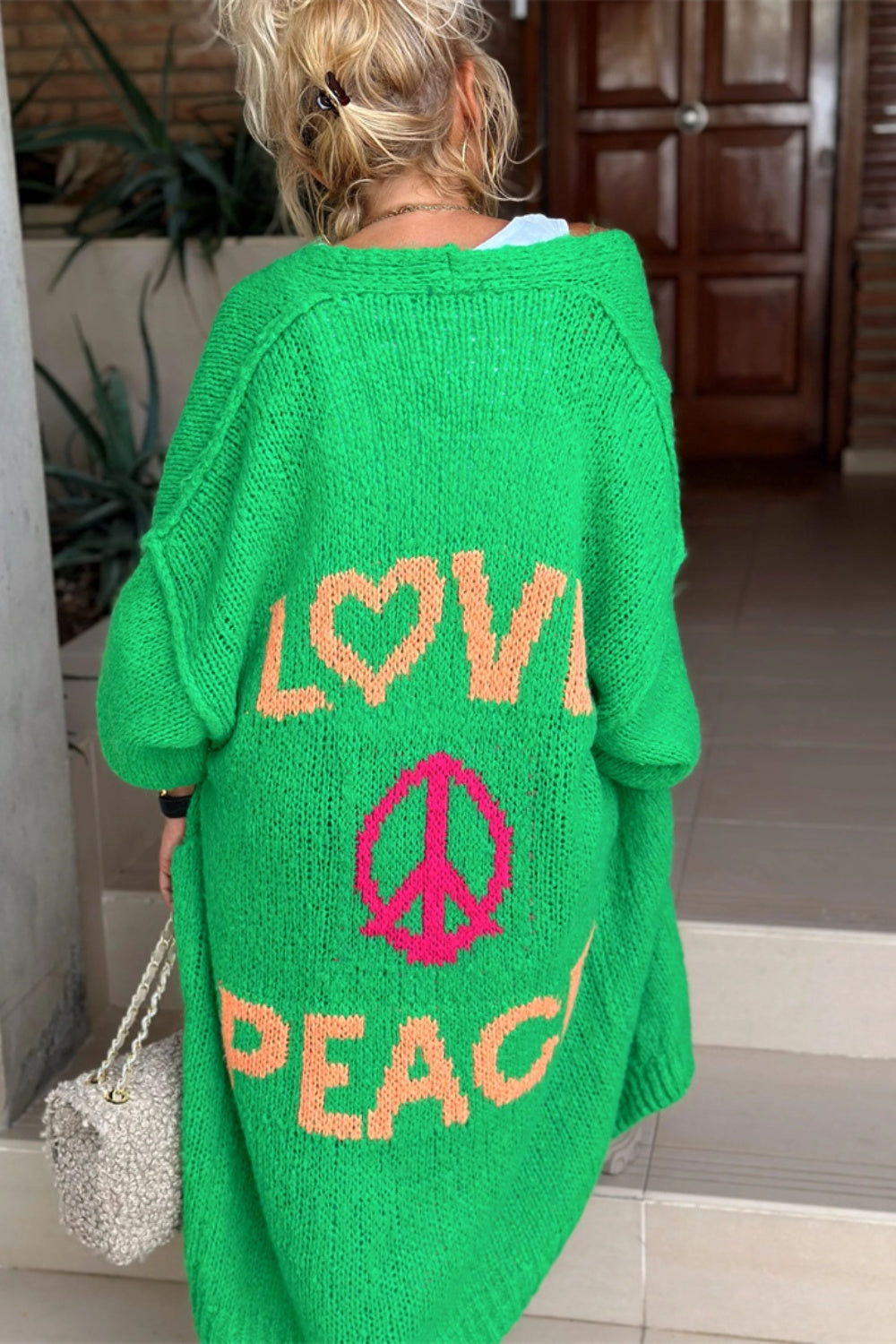 LOVE PEACE Oversized Knit Exposed Seam Longline Patch Pocket Duster Long Cardigan