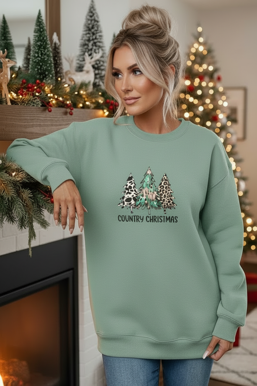 Country Christmas Animal Tree Western Cowgirl Top Crew Neck Pullover Sweatshirt