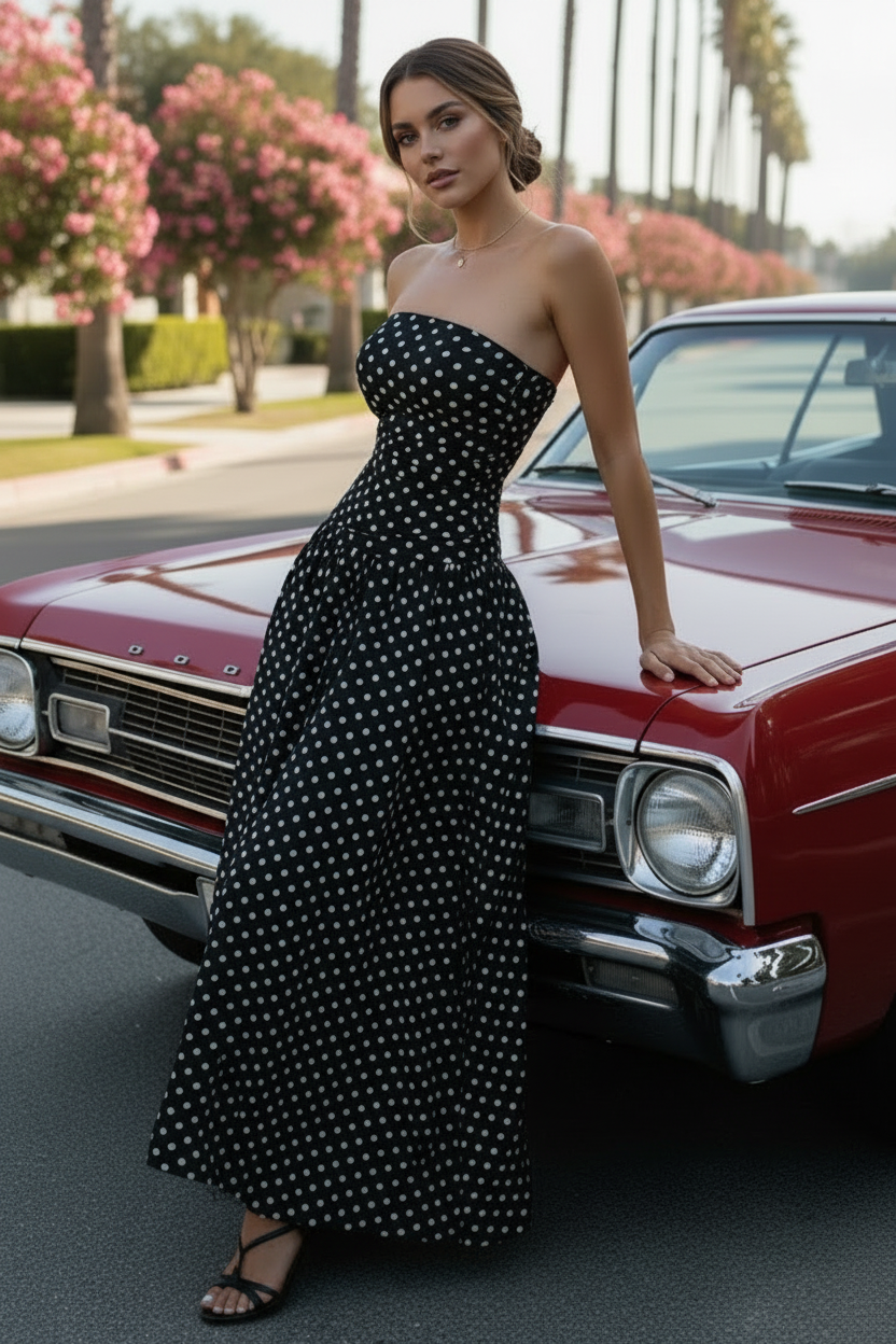 Retro Polka Dot Bandeau Strapless Ruched Drop Waist Fit & Flare Maxi Dress