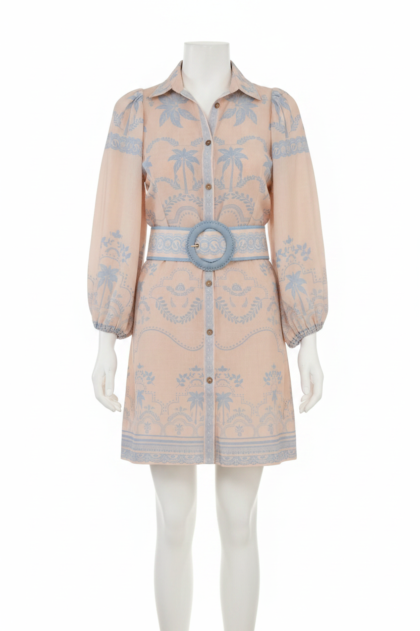 Palm Beach Belted Waist Button Down Baloon Long Sleeve Boho Mini Shirt Dress