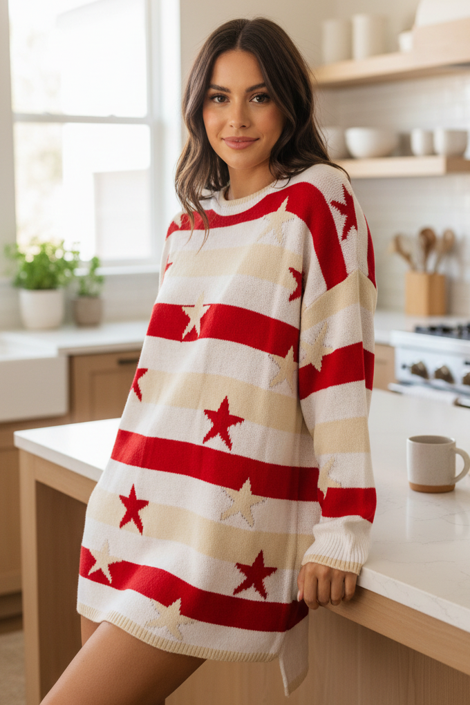 Oversized Stars and Stripes High-Low Long Sleeve Knit American Sweater
