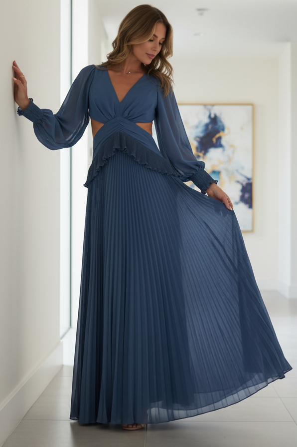Open Back Pleated Chiffon Cutout Plunging V-Neck Bishop Sleeve Ruffle Maxi Dress
