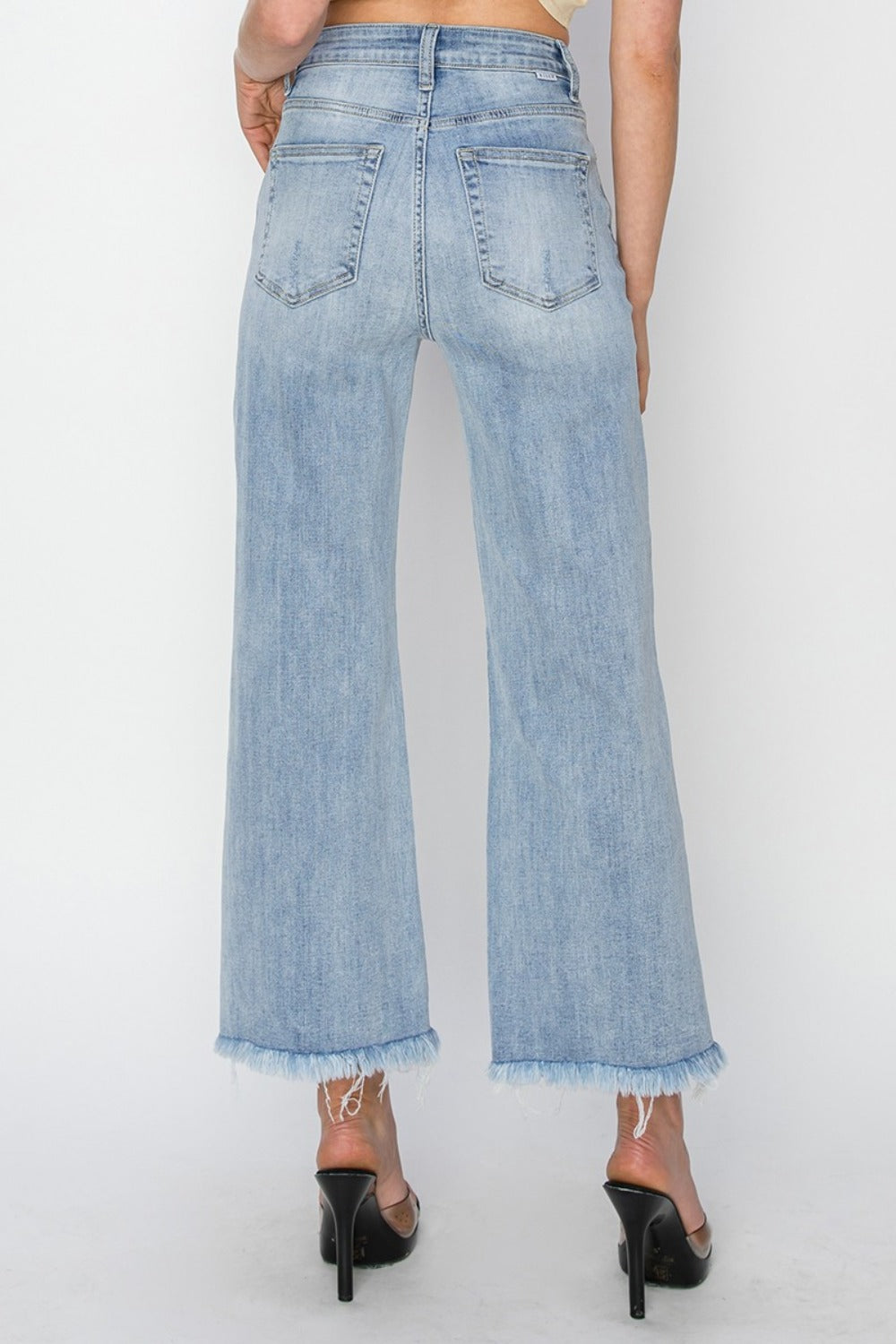 RISEN High-Rise Waist Pants Wide Leg Cropped Raw Frayed Hem Boyfriend Denim Jeans