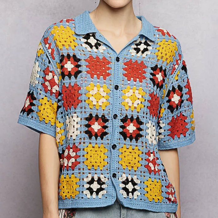 POL Granny Square Retro Openwork Crochet Collared Shirt Button Down Top Blue