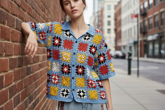 POL Granny Square Retro Openwork Crochet Collared Shirt Button Down Top Blue