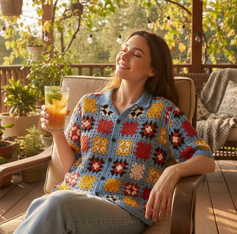 POL Granny Square Retro Openwork Crochet Collared Shirt Button Down Top Blue