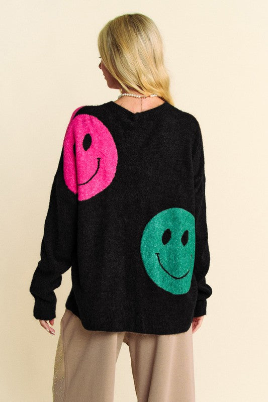 DAVI & DANI Knit Smiley Face Contrast Long Sleeve Oversized Pullover Sweater Top