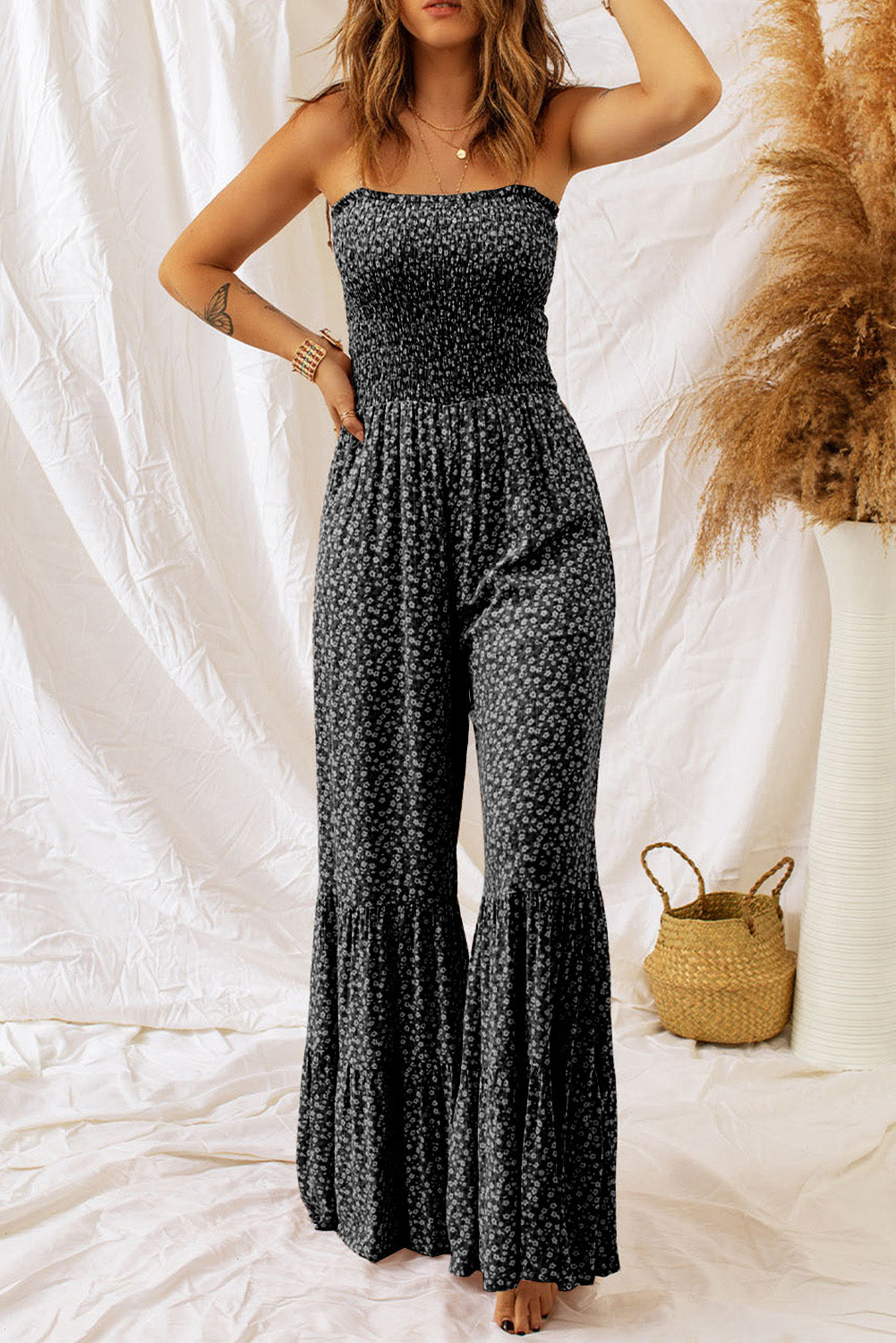 Smocked bell bottom jumpsuit on sale