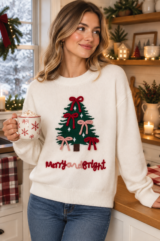 Merry and Bright Christmas Tree Bow Knit Sweater Crochet Letter Holiday Pullover Top