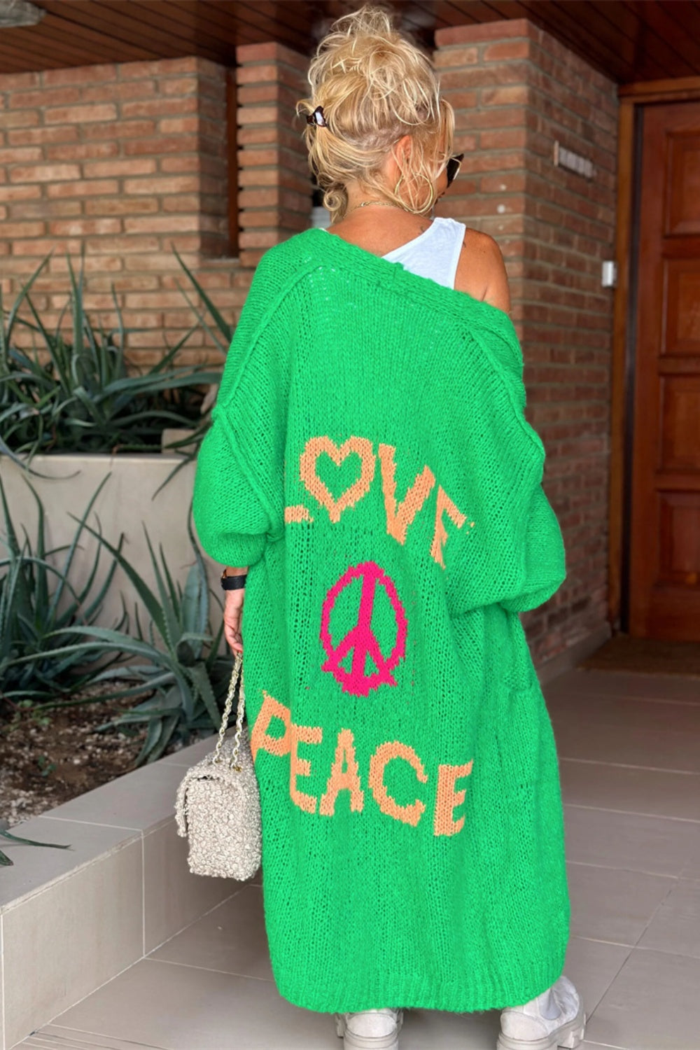 LOVE PEACE Oversized Knit Exposed Seam Longline Patch Pocket Duster Long Cardigan