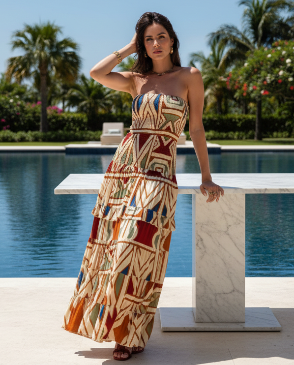 Geometric Aztec Boho Strapless Smocked Bodice Ruffle Tiered Colorful Maxi Dress