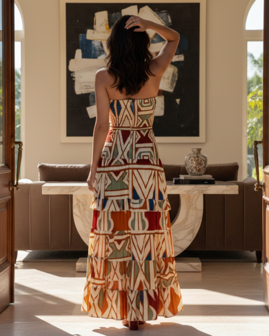Geometric Aztec Boho Strapless Smocked Bodice Ruffle Tiered Colorful Maxi Dress
