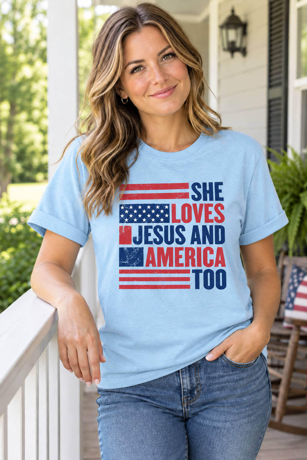 She Loves Jesus and America Too Patriotic Shirt USA Flag Cuffed Sleeve Tee