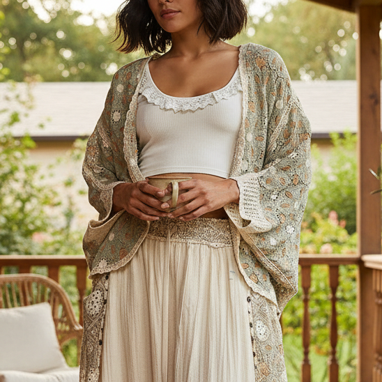 POL Floral Crochet Batwing Sleeve Cardigan Open Front Granny Openwork Knit Sage Green