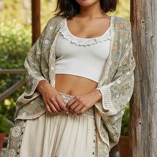 POL Floral Crochet Batwing Sleeve Cardigan Open Front Granny Openwork Knit Sage Green