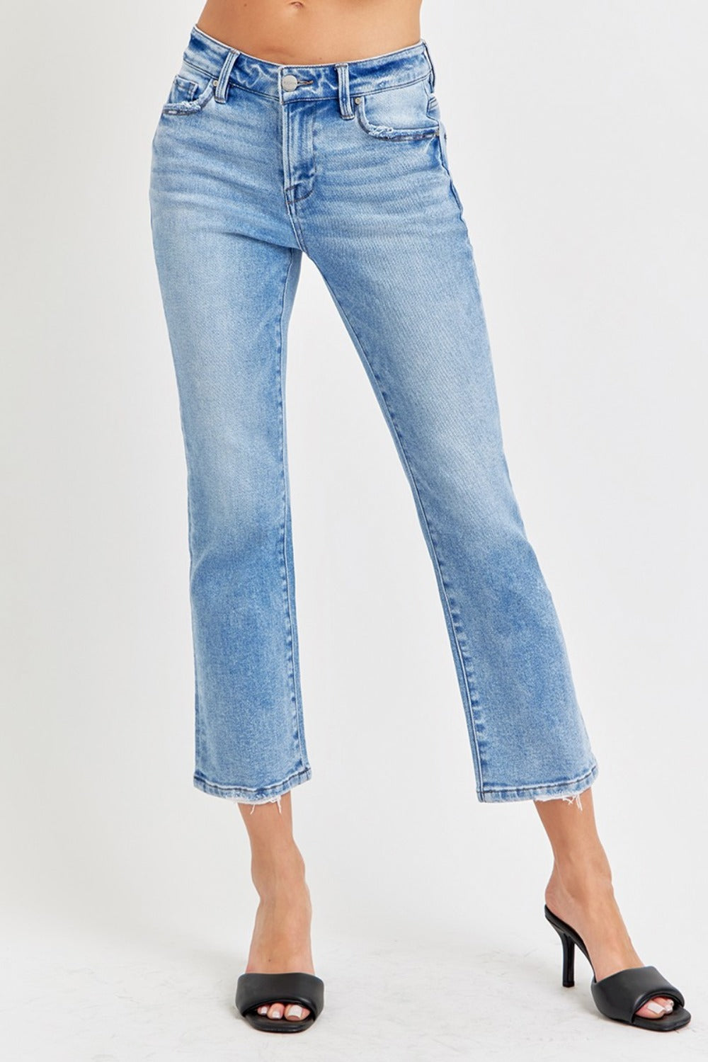 RISEN Low-Rise Waist Distressed Straight Leg Jeans Cropped Raw Hem Denim Pants