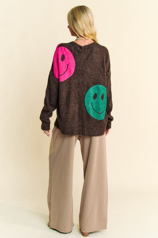 DAVI & DANI Knit Smiley Face Contrast Long Sleeve Oversized Pullover Sweater Top