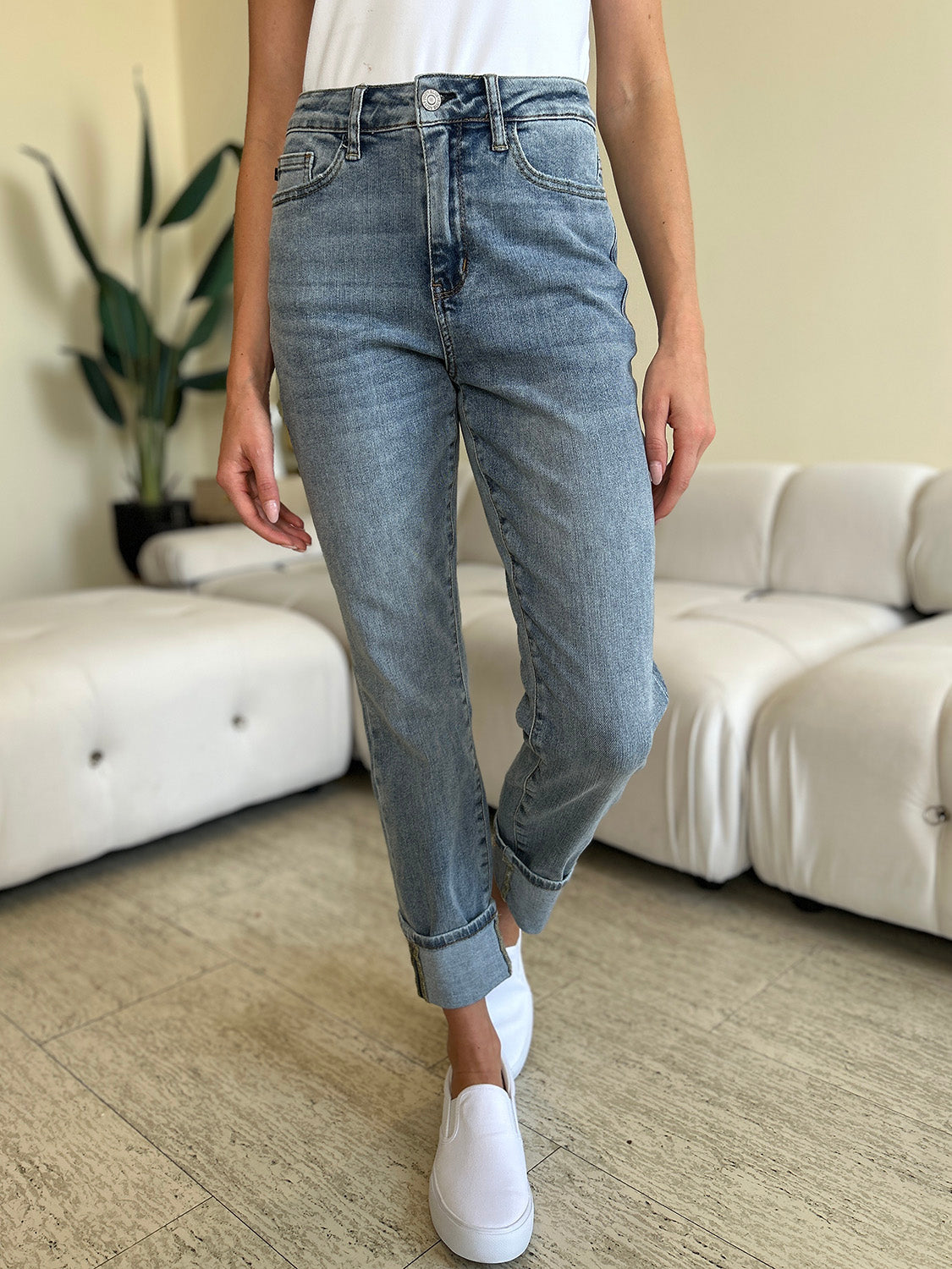 Judy Blue High Rise Waist Skinny Stretch Slim Fit Denim Cuffed Hem Jean Pants