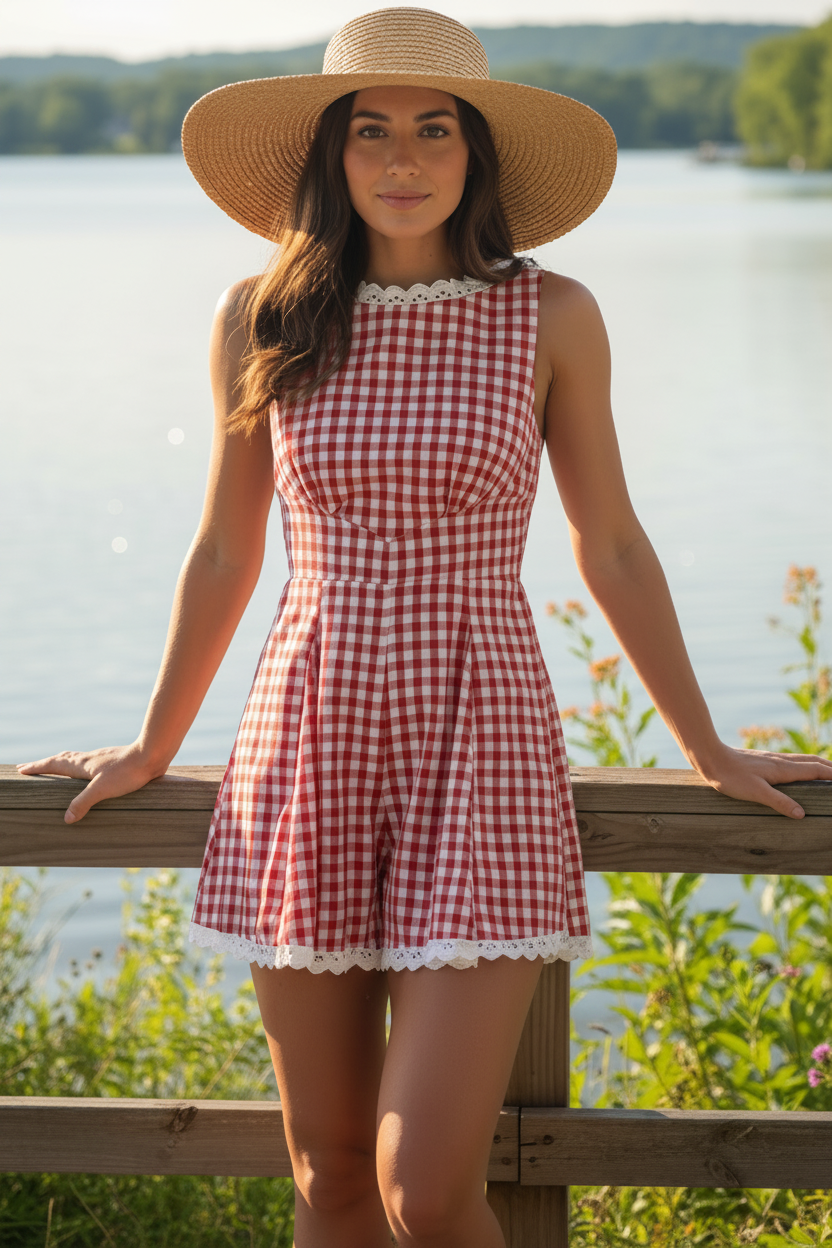 Lace Cotton Plaid Sleeveless Pleated Shorts Smocked Back One-Piece Romper