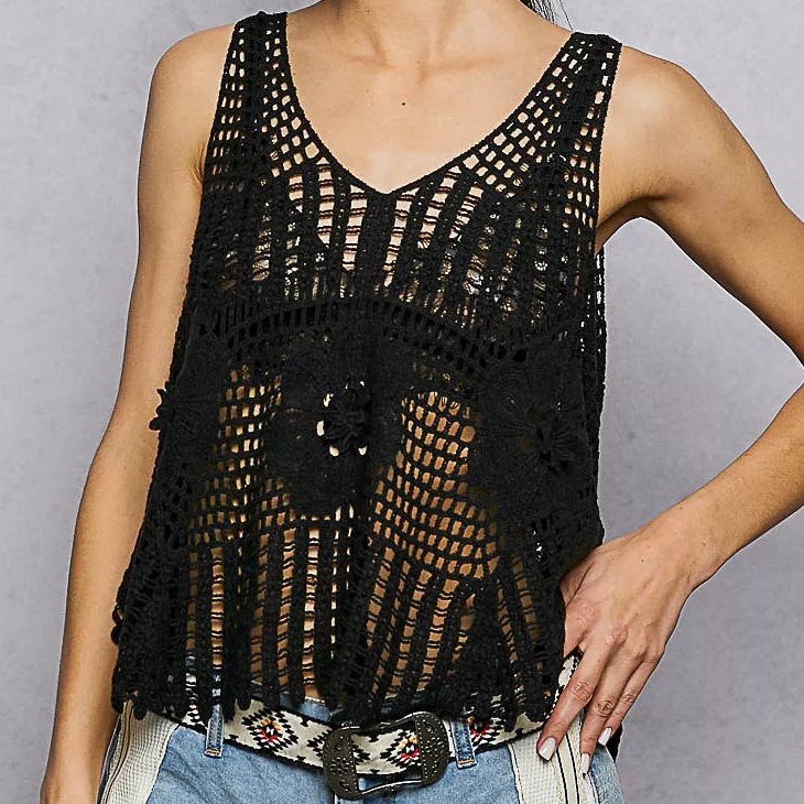 POL Cotton Floral Openwork Granny Retro Crochet Sleeveless Shirt V-Neck Tank Top Black