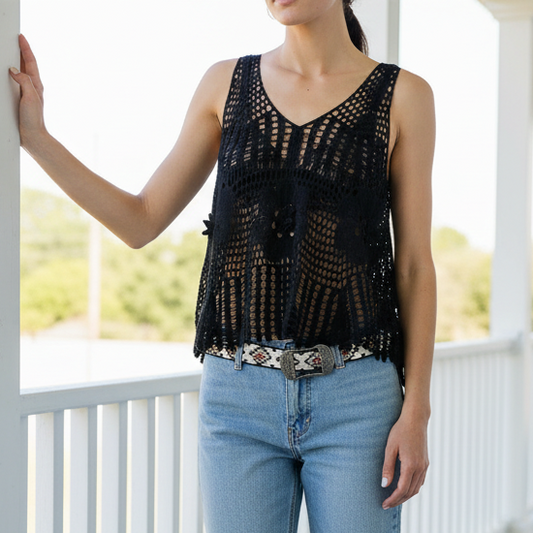 POL Cotton Floral Openwork Granny Retro Crochet Sleeveless Shirt V-Neck Tank Top Black